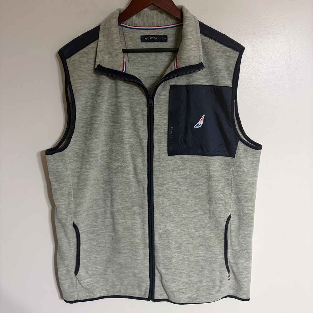 Nautica Mens XXL Gray Fleece Full Zip Vest Navy Blue Contrast Logo Trim